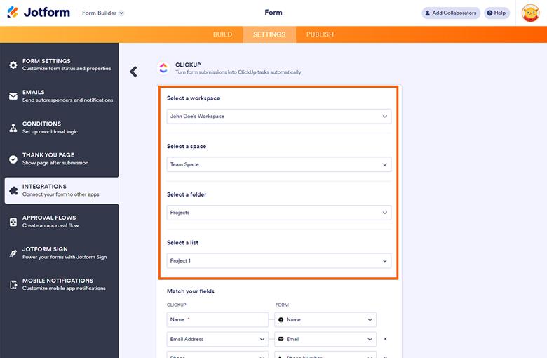 Jotform interface showing more ClickUp integration settings, such as "Select a workspace," "Select a space," "Select a folder," and "Select a list