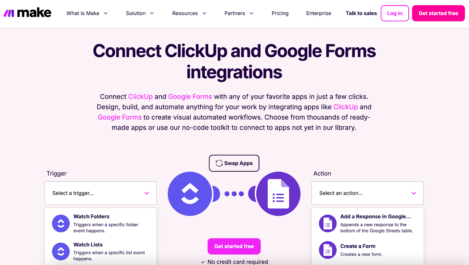 Make's Google Forms ClickUp integration website page with a trigger event dropdown on one side and an action event dropdown on the other