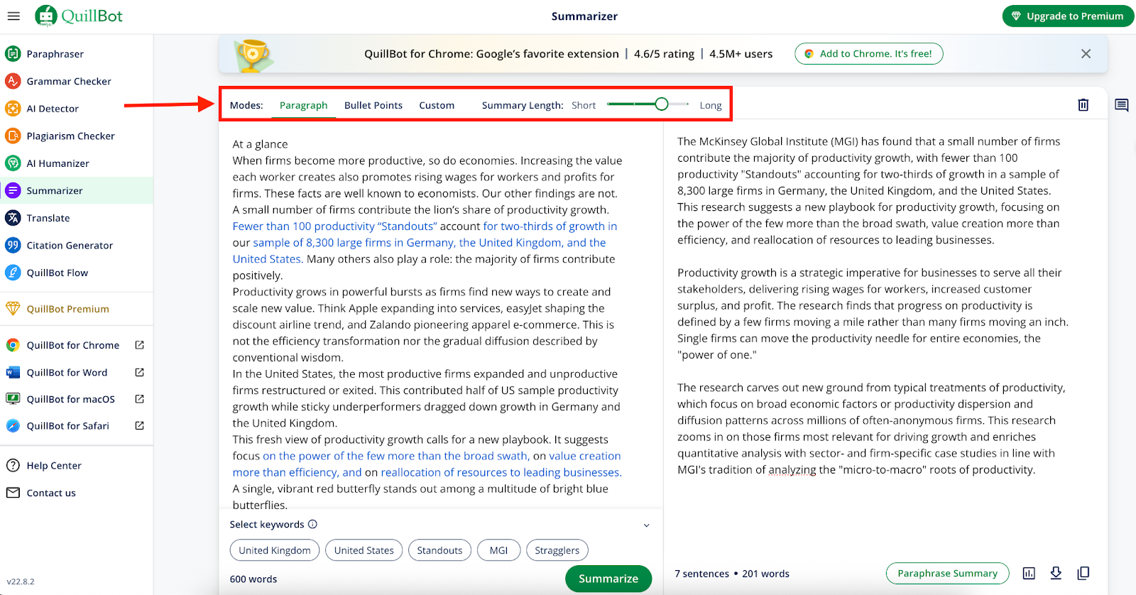 QuillBot AI Summarizer example interface showing the original text on the left and the summarized text on the right