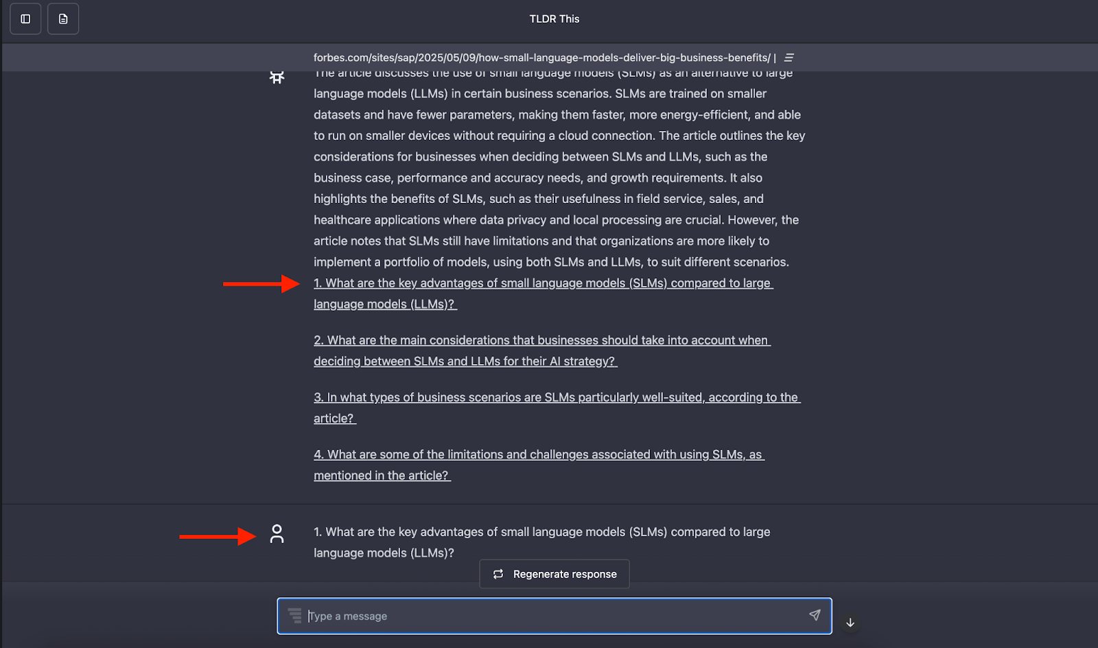 TLDR This interface showing important questions from a summarized article that you can click for more focused answers