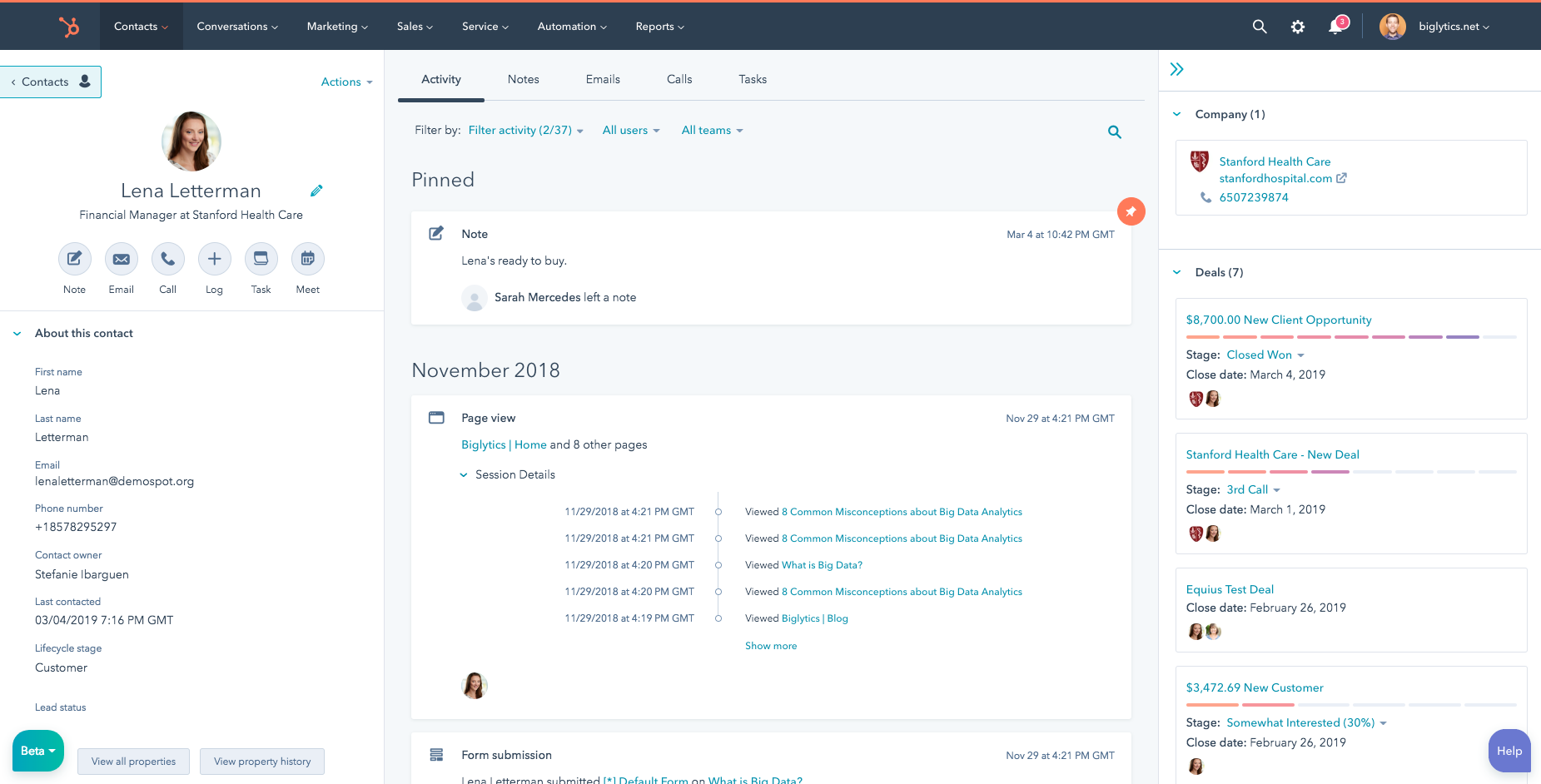 User Interface of HubSpot