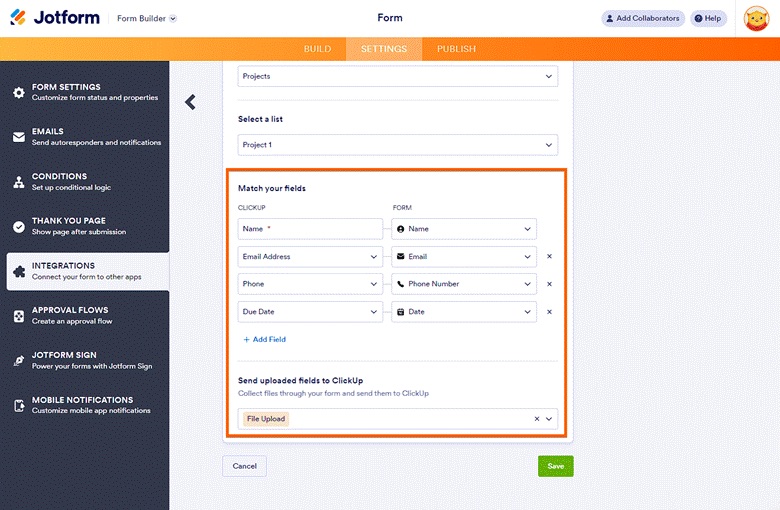 Jotform interface showing more ClickUp integration settings, including where to match your fields from ClickUp and the form