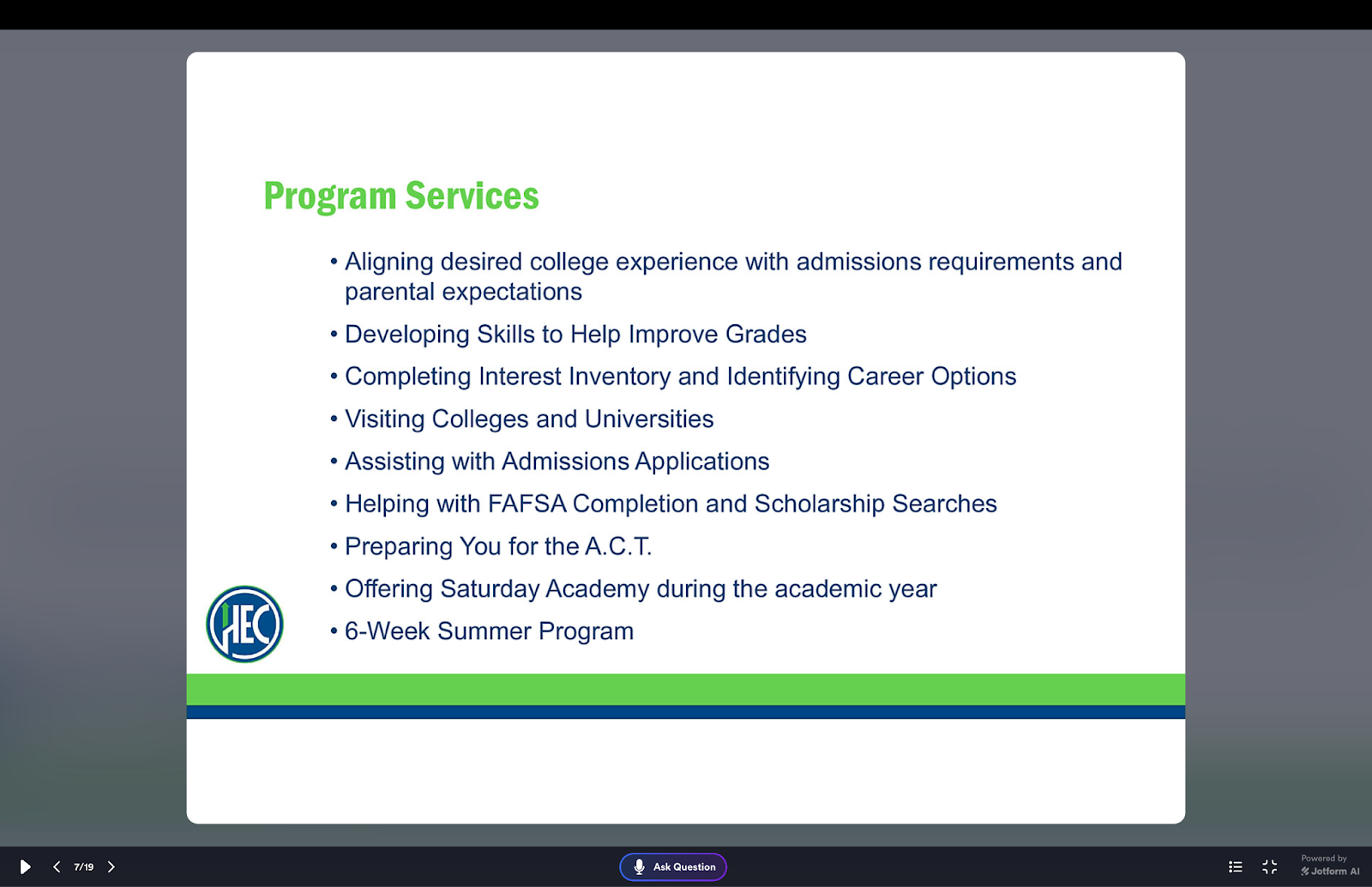 Program Services slide in Jotform Presentation Agent