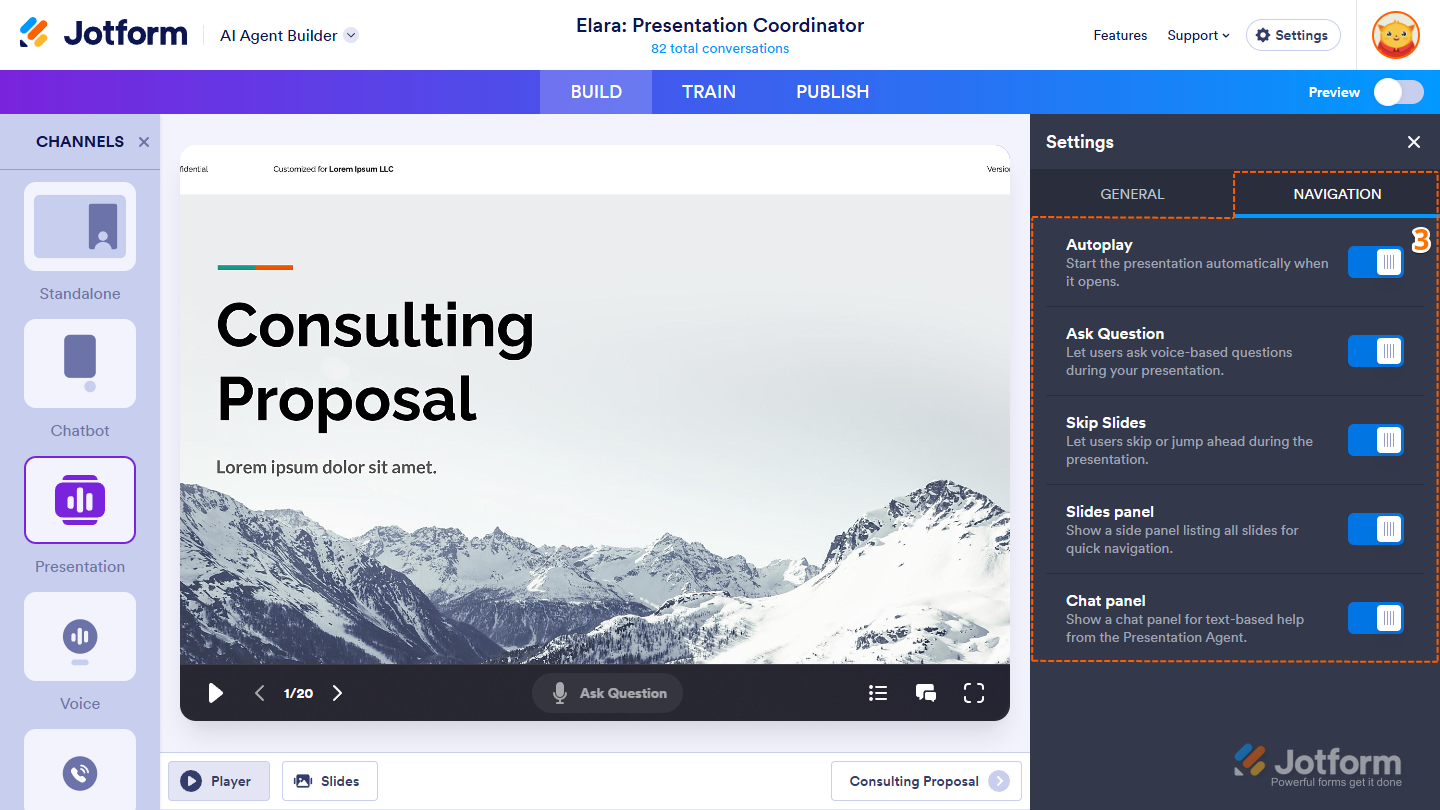 Toggling interaction features like Autoplay, Ask Question, Skip Slides, Slides Panel, and Chat Panel under the Navigation tab in Jotform Presentation Agent settings