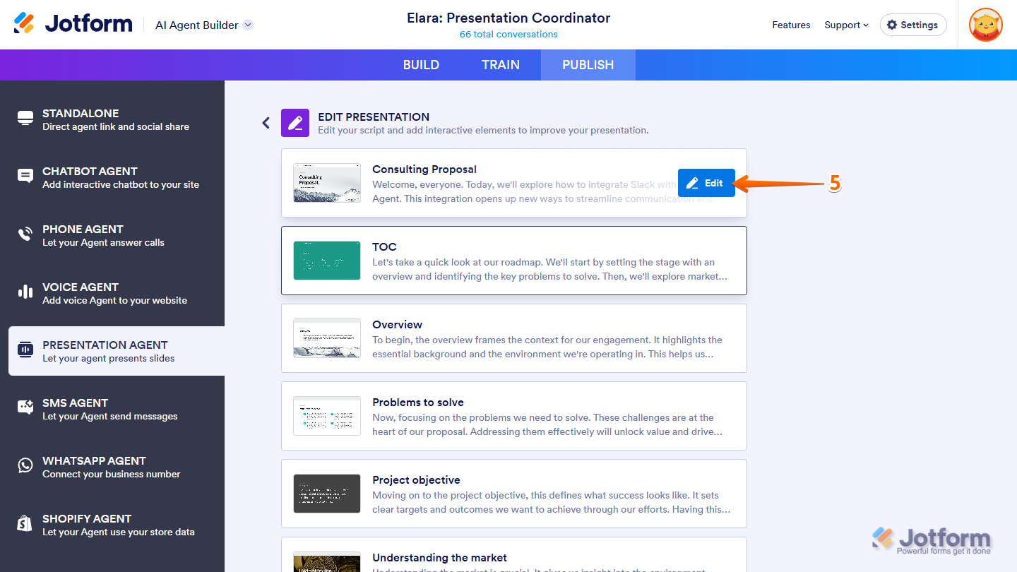 Clicking Edit on a slide to update its script in the Edit Presentation tab in Jotform