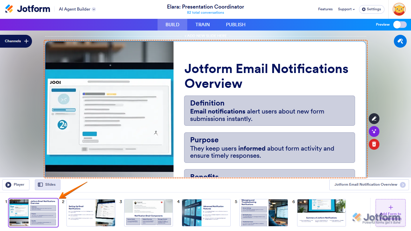 Editing a slide in Jotform Presentation Builder by updating the title, image, description, layout, or regenerating with AI
