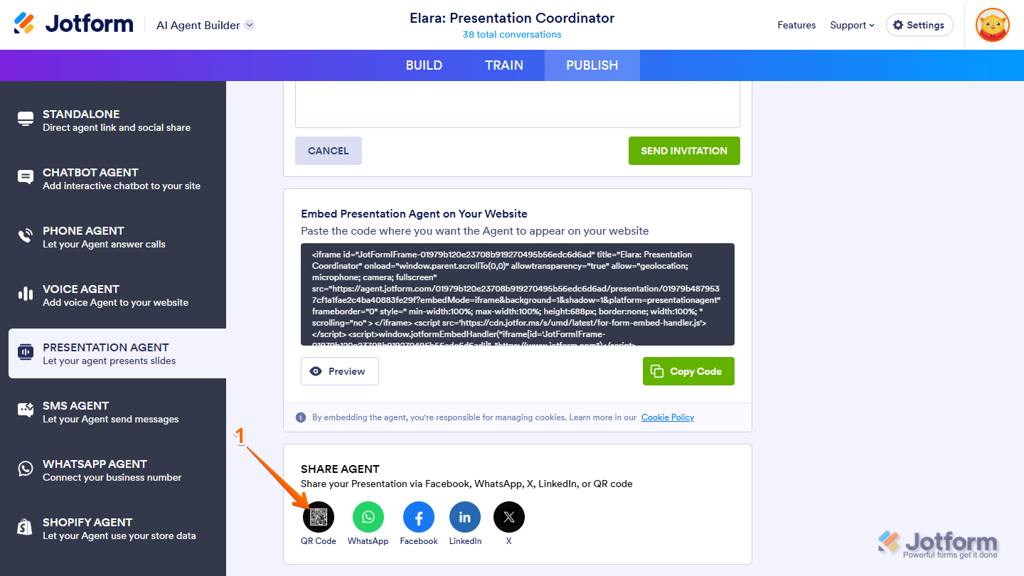 Clicking the QR Code in the Share Agent section to share a Presentation Agent in Jotform