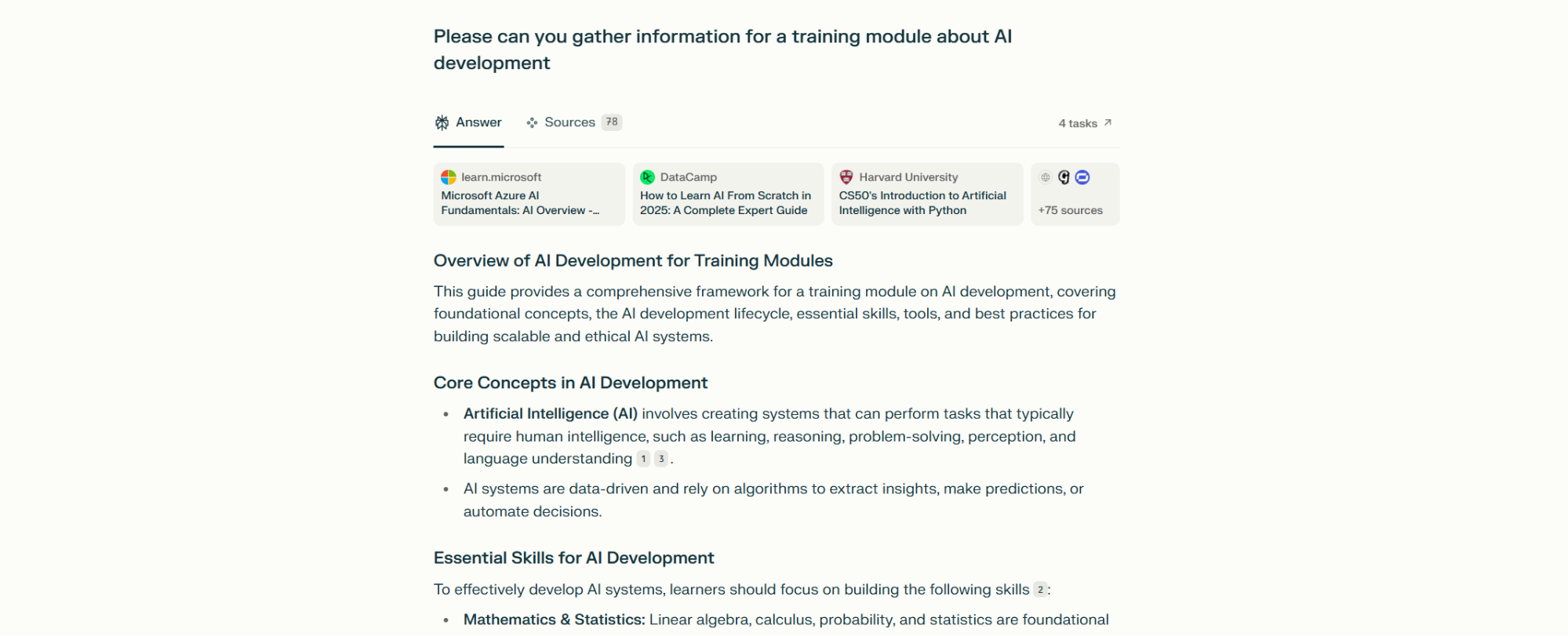 Perplexity interface with the prompt: "Please can you gather information for a training module about AI development" and the generated overview with sources listed
