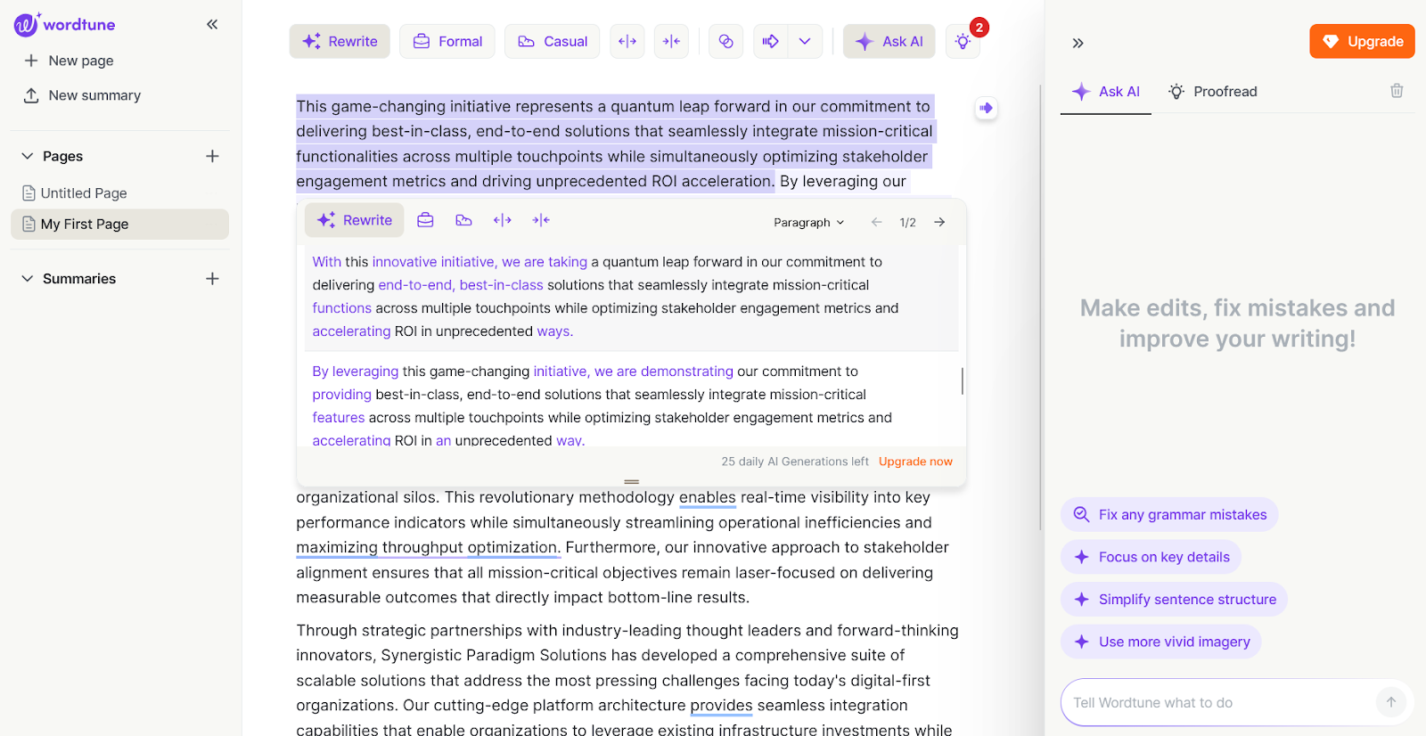 Wordtune interface showing the AI rewriter in action on a piece of text