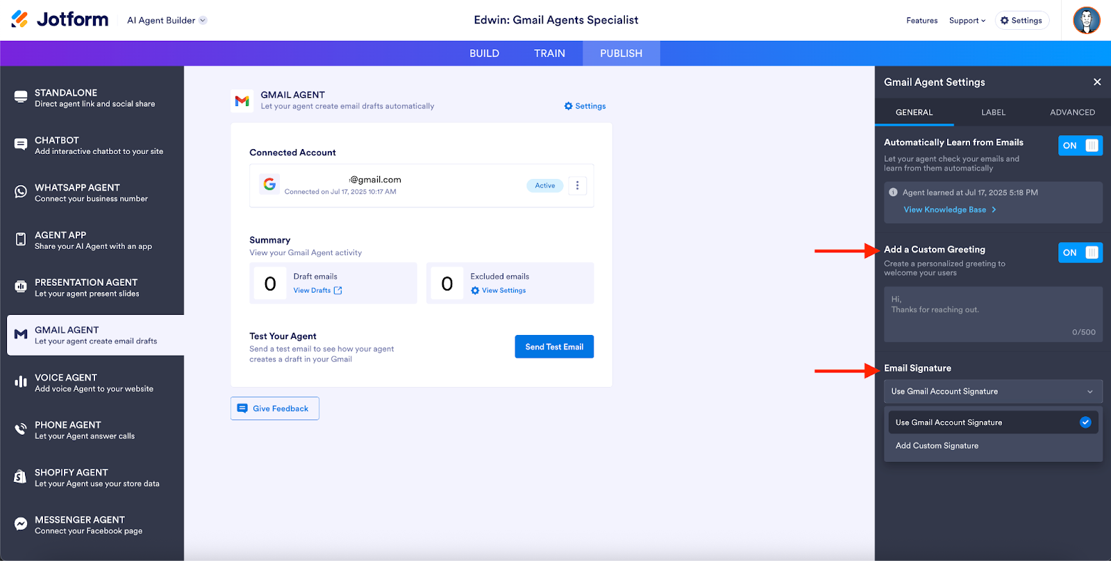 Highlighting the Add a Custom Greeting and the Email Signature fields under the Gmail Agent Settings