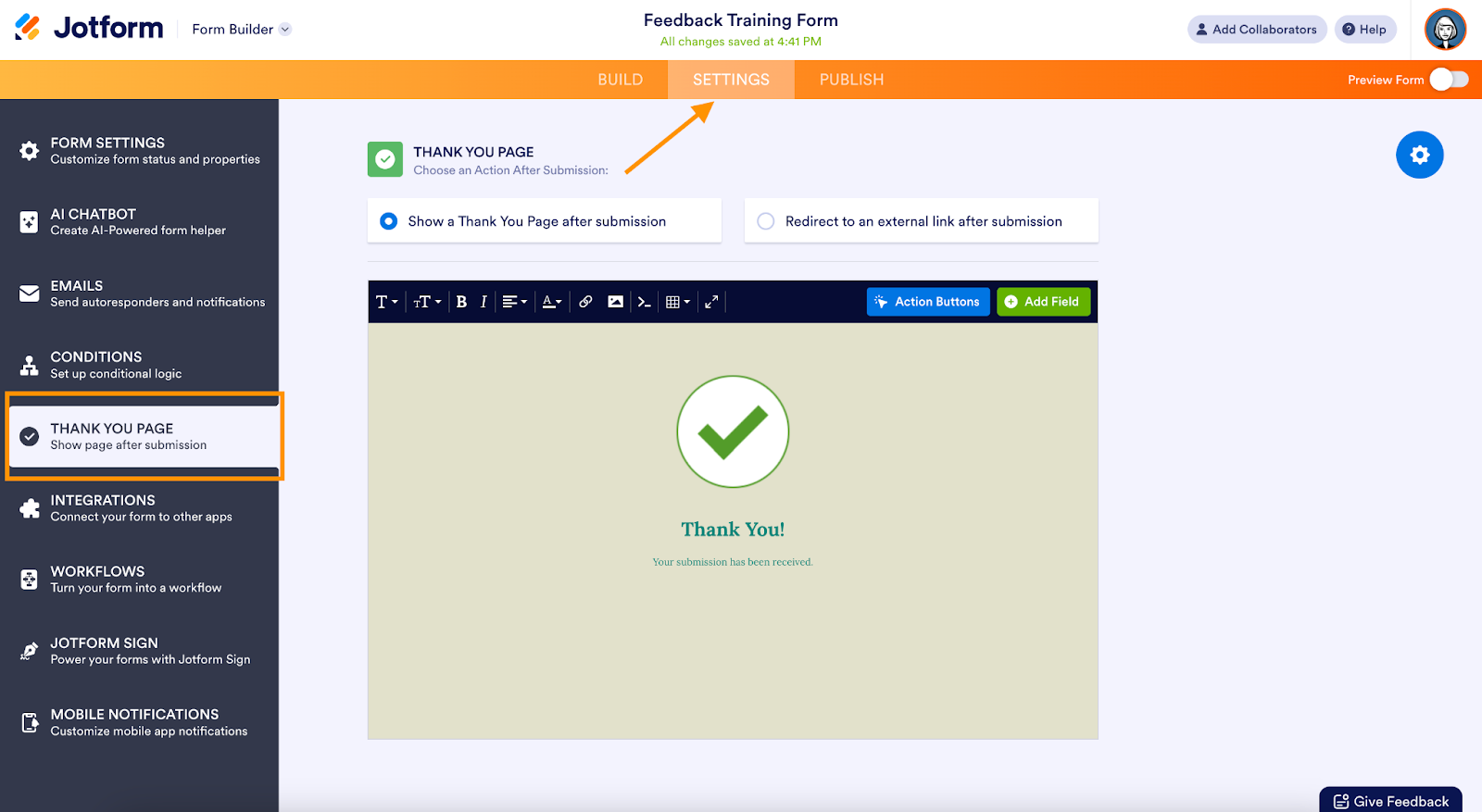 jotform form builder showing example thank you page directing the user to the settings option