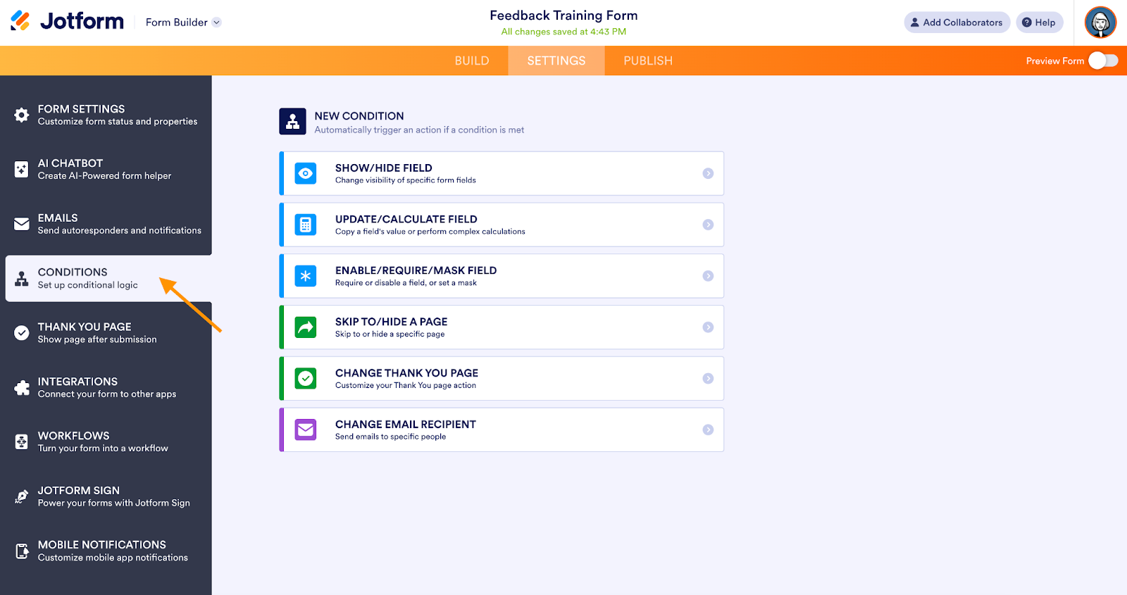 image showing conditional redirects on the conditions section of jotform form builder