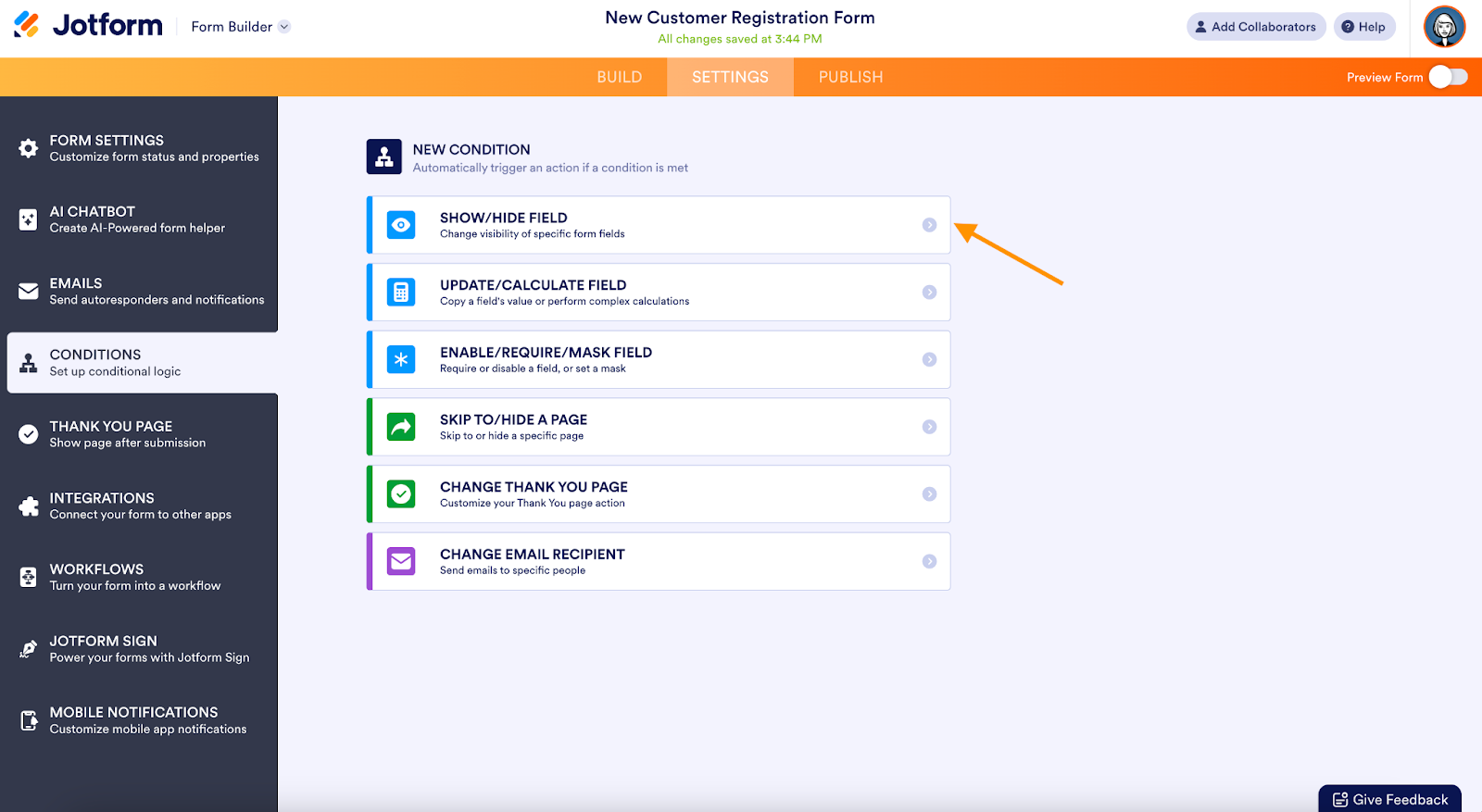 jotform form builder user interface conditions page showing show hide field box as an alternative option