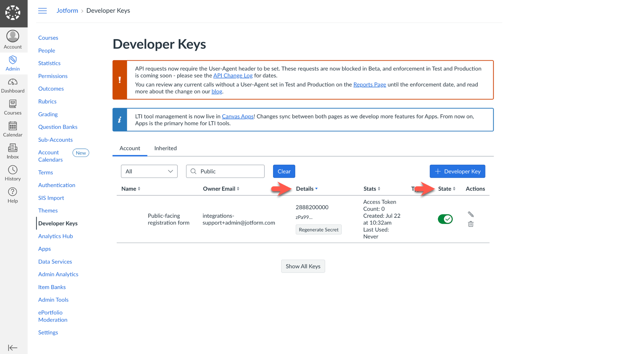 Anzeige der Details-Spalte und des State-Schalters auf der Developer Keys-Seite