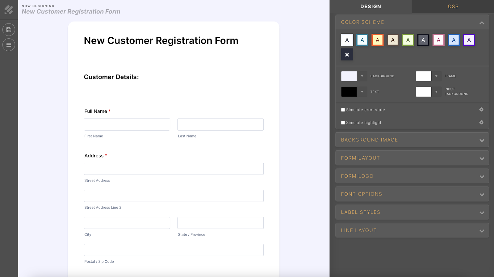 jotform new customer registration form customizing design and injecting CSS code for advanced customization options