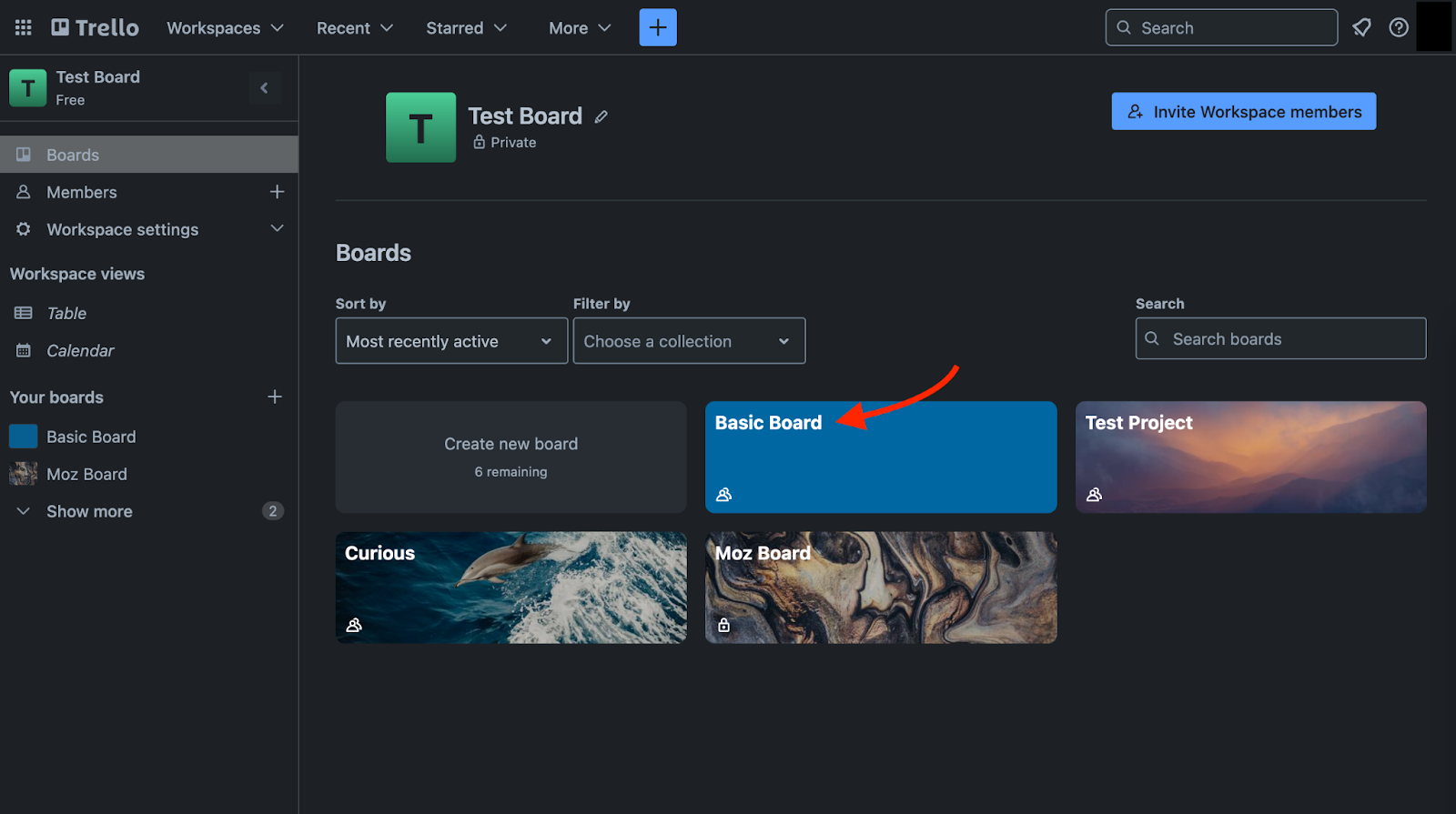 Trello interface with an arrow pointing to an example "Basic Board
