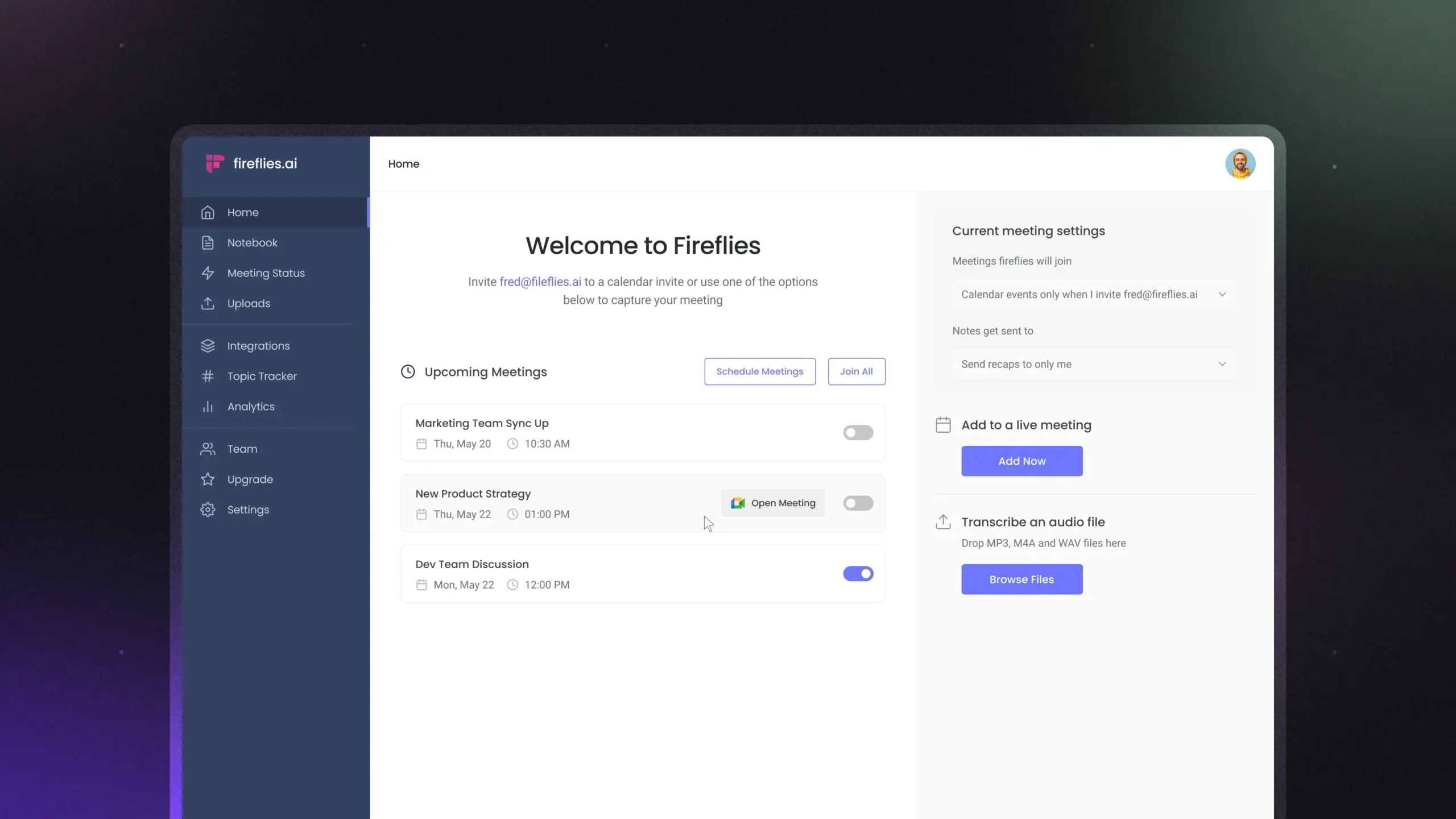 User Interface of Fireflies