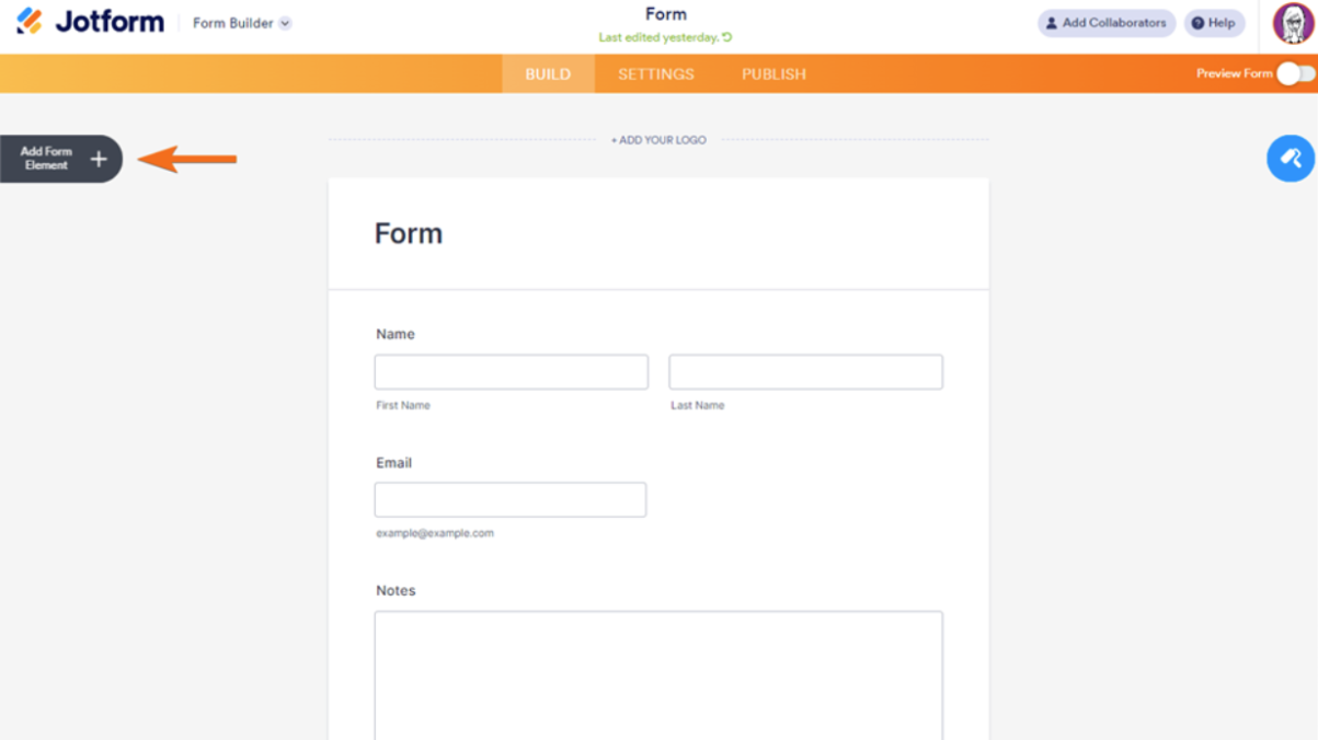 Jotform Form Builder interface with an arrow pointing to the "Add Form Element" option on the left-hand side