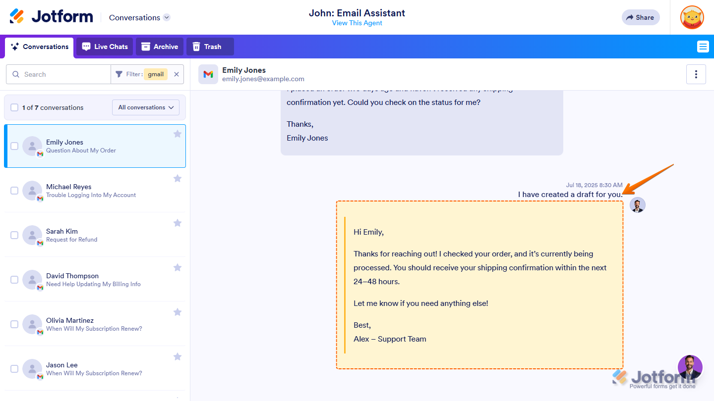 Viewing the AI-generated draft reply from the Gmail Agent on the Conversations page in Jotform
