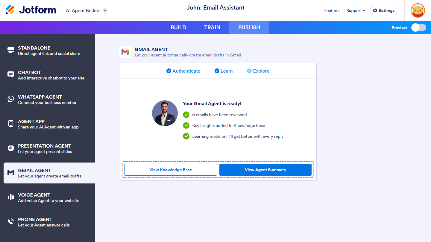 View Knowledge Base and Agent Summary options after connecting Gmail Agent in Jotform