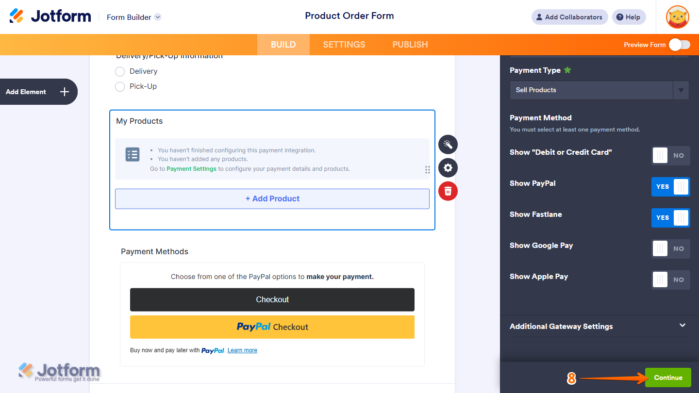 Clicking Continue or Save based on the selected payment type in Jotform PayPal Integration settings.