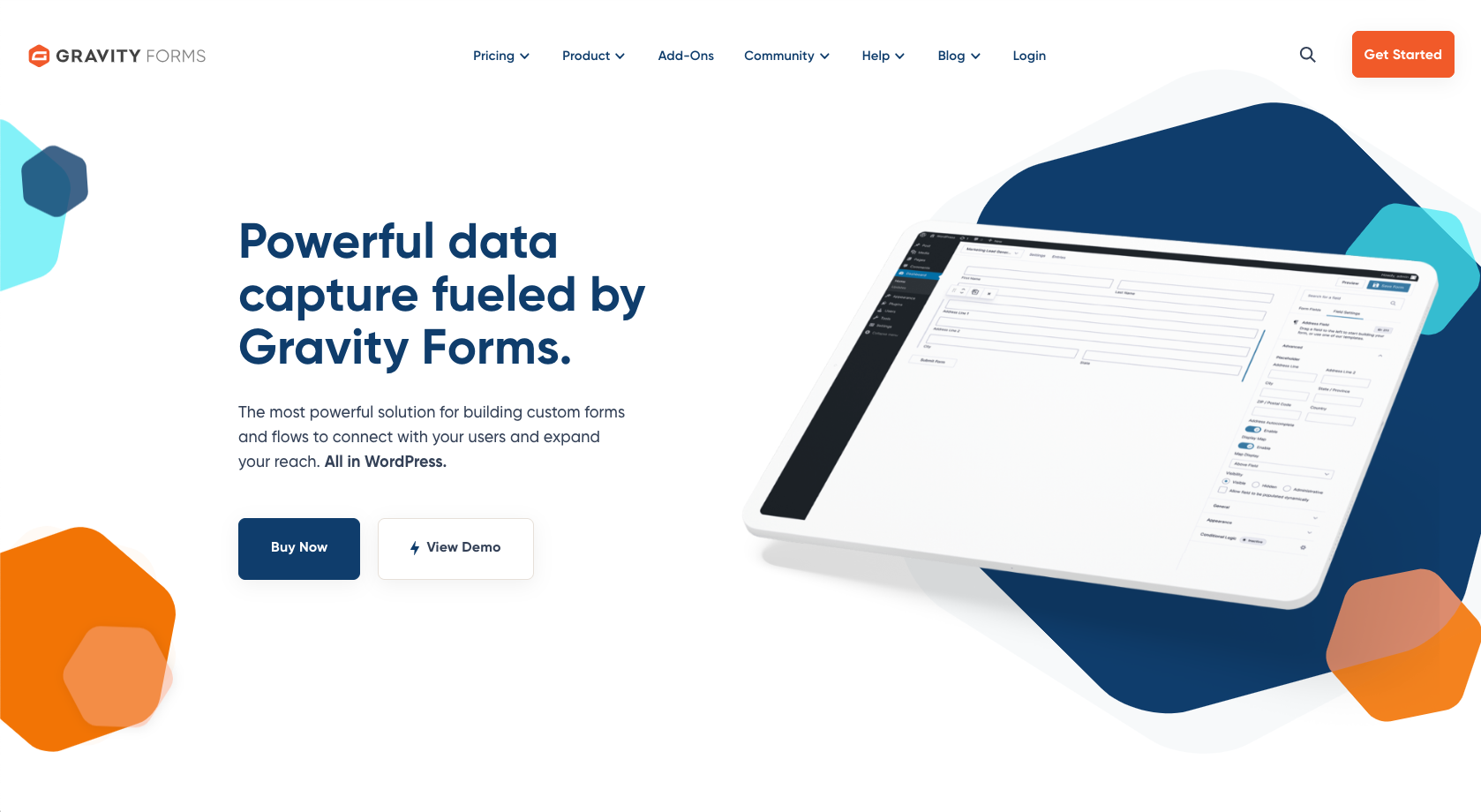 Screenshot of the Gravity Forms landing page, showing a headline "Powerful data capture fueled by Gravity Forms
