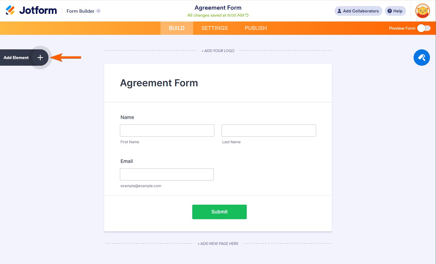 Add Element Button in Jotform