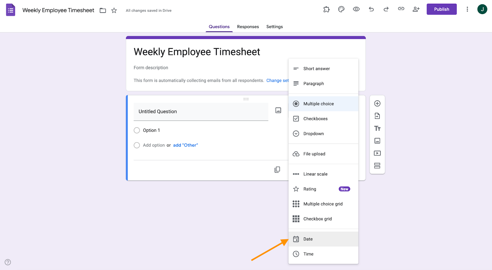 A Google Form titled "Weekly Employee Timesheet" with an arrow pointing towards the "Date" option in the question drop down