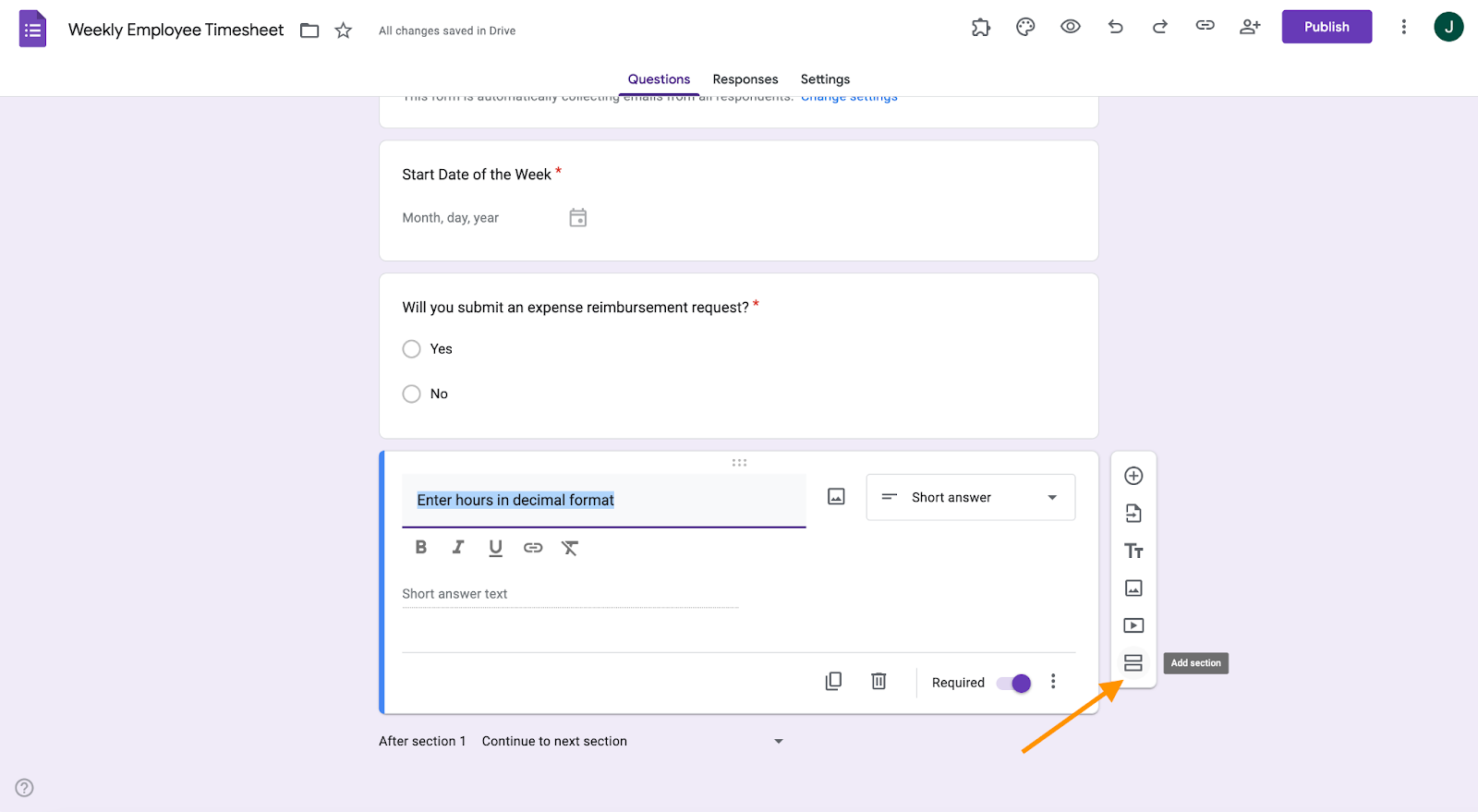 A Google Form titled "Weekly Employee Timesheet" with an arrow pointing towards the "Add section" option in the sidebar