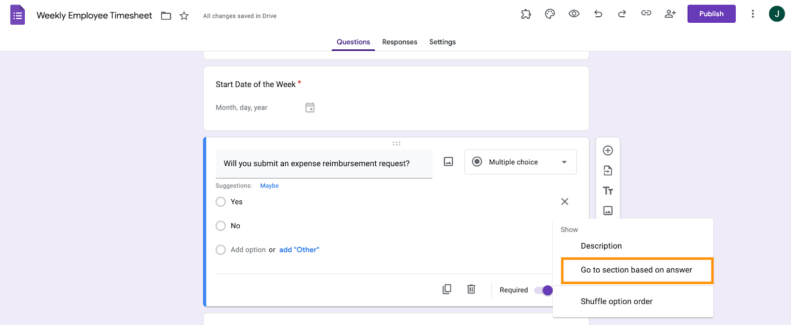A Google Form titled "Weekly Employee Timesheet" with "Go to section based on answer" highlighted