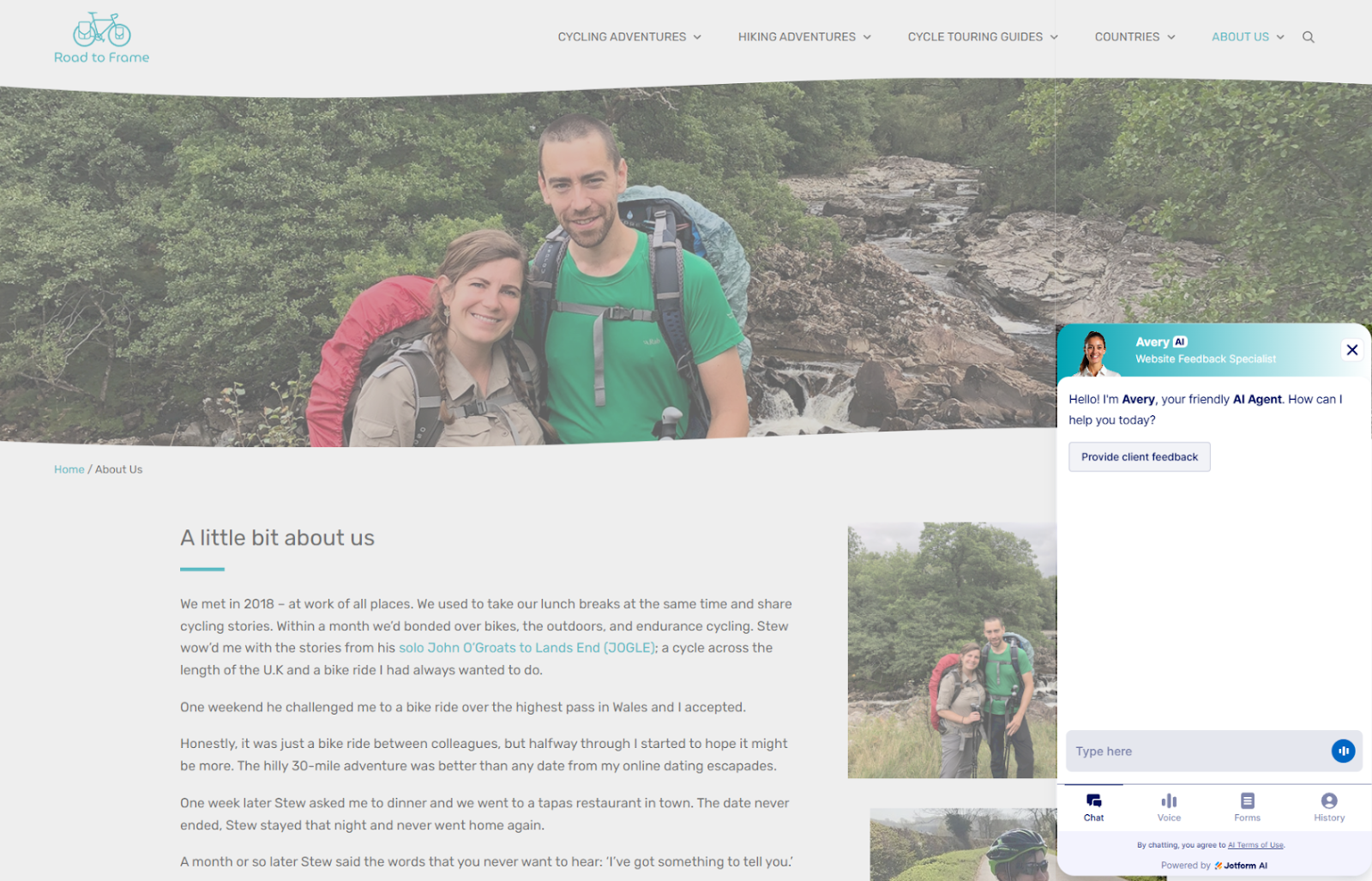 Screenshot from a website called "Road to Frome" with Jotform's AI agent integrated