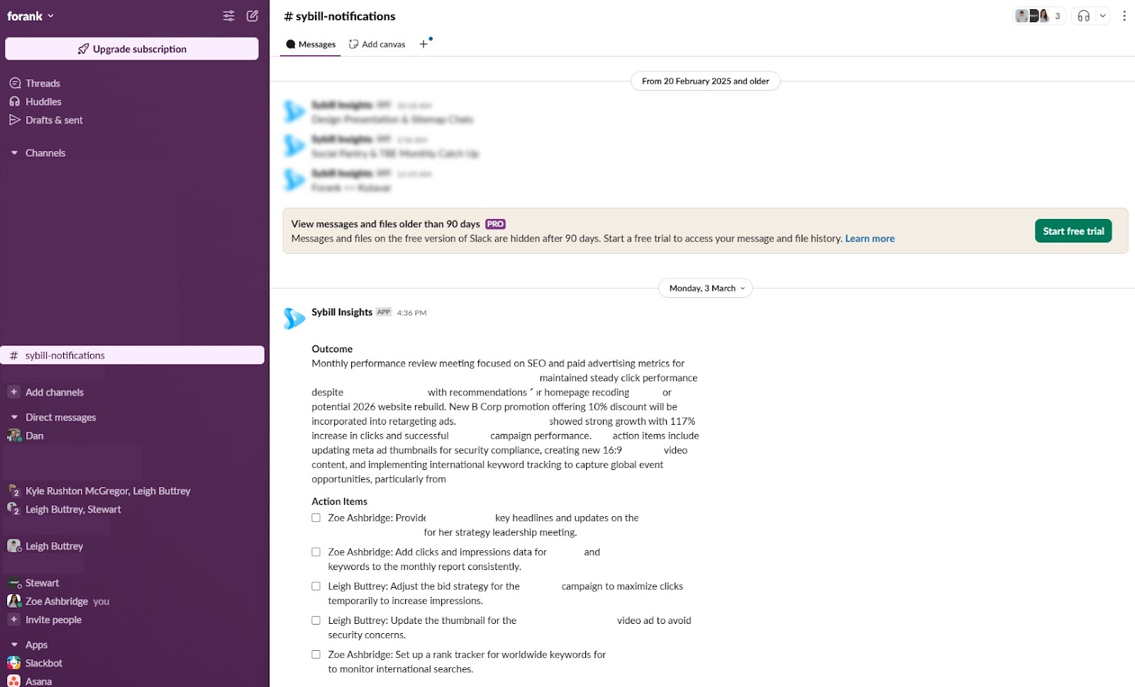 Screenshot shows Sybill AI integrating with Slack