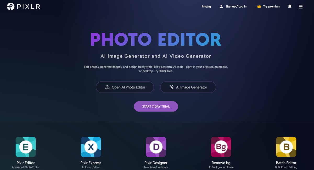 screenshot of PIXLR photo editor website homepage