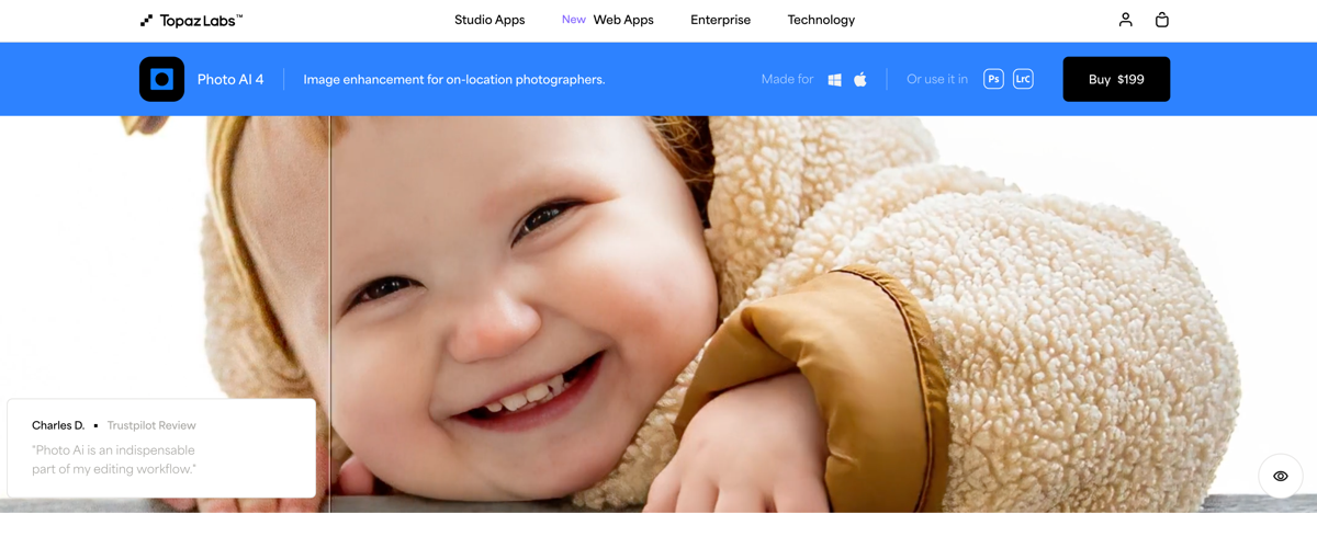 screenshot of topaz labs website homepage with the words image enhancement for on-location photographers