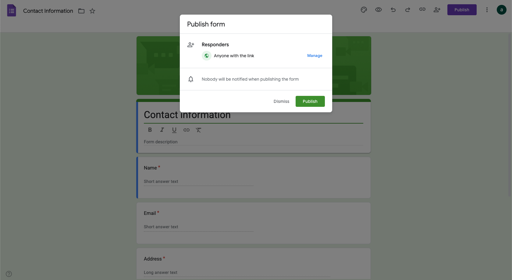 Google Forms Publish