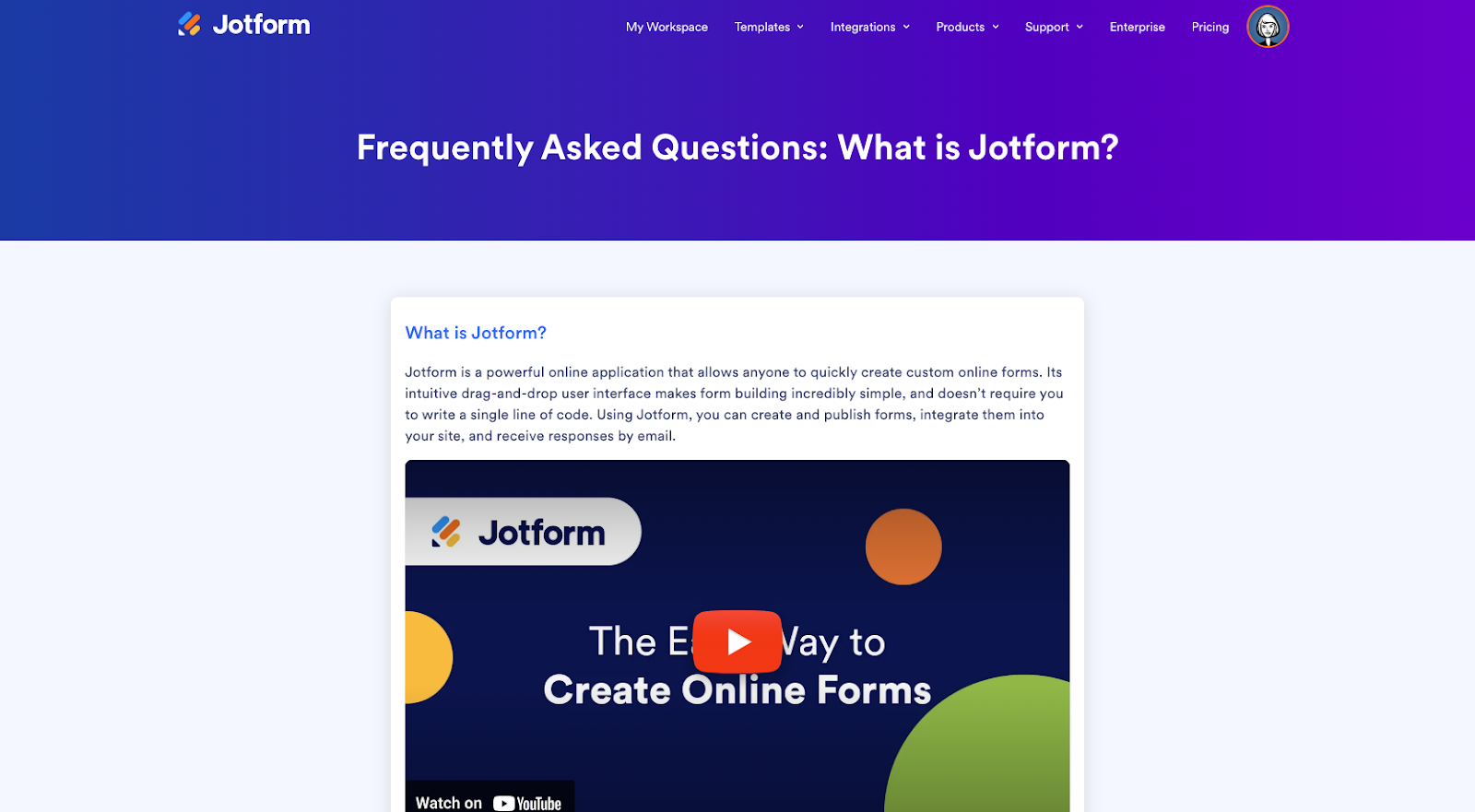 Screenshot of Jotform's FAQs page
