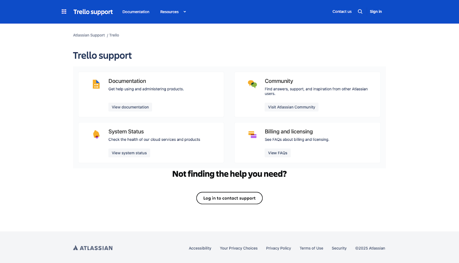 Screenshot of Trello's support page