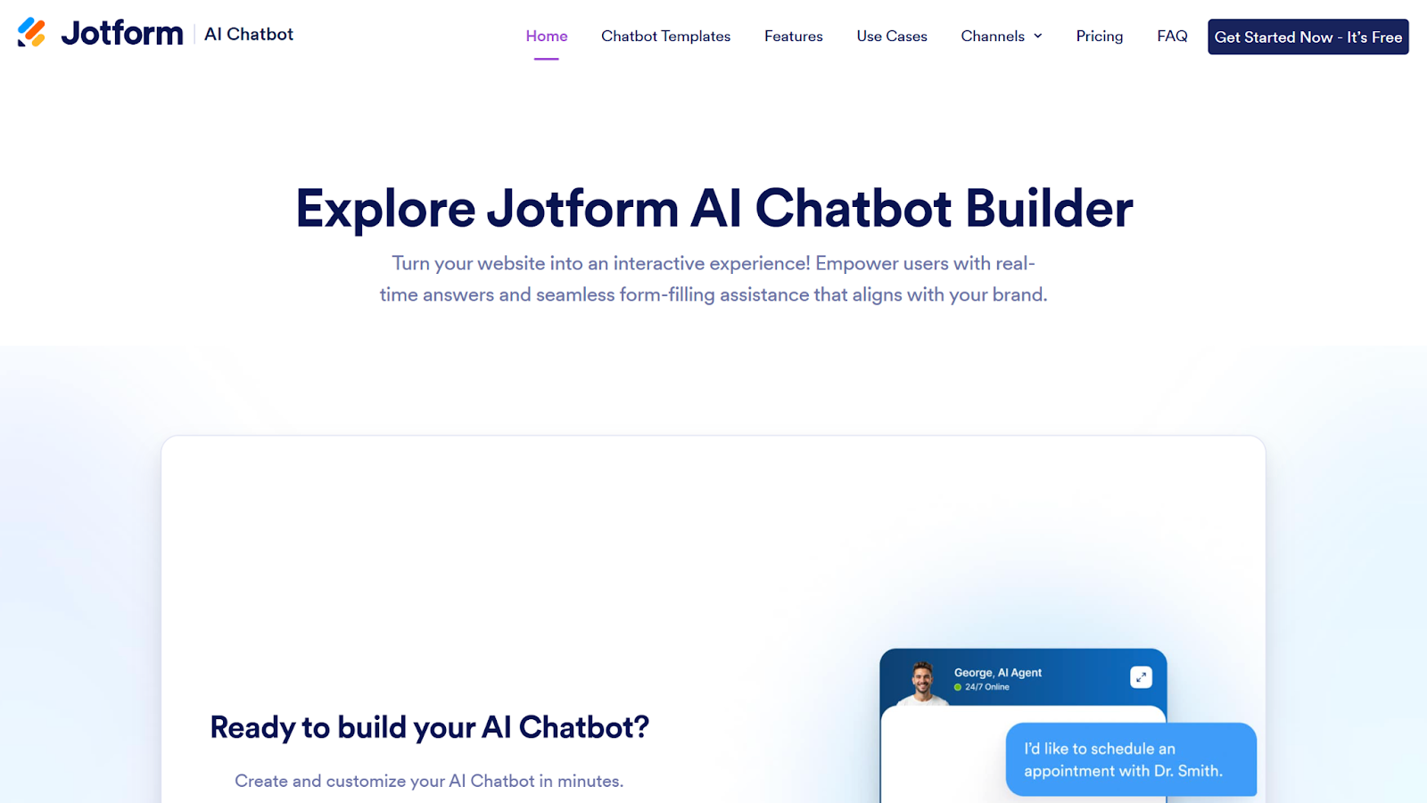 screenshot of the Jotform AI Chatbot Builder landing page with the following words turn your website into an interactive experience