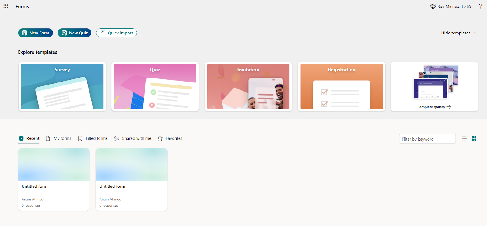 Screenshot of Microsoft Forms' template dashboard
