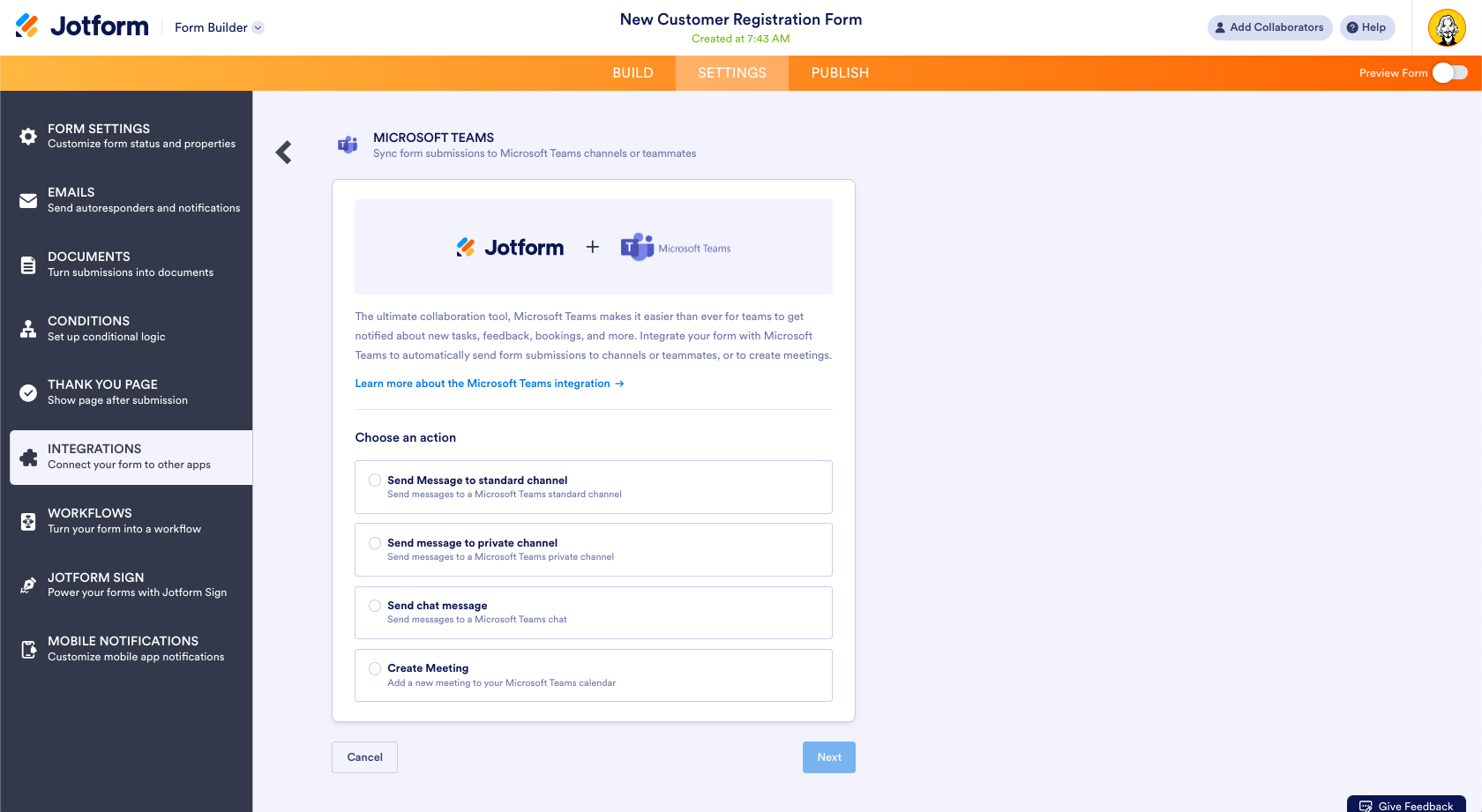 Form Builder Microsoft Teams Integration Menu