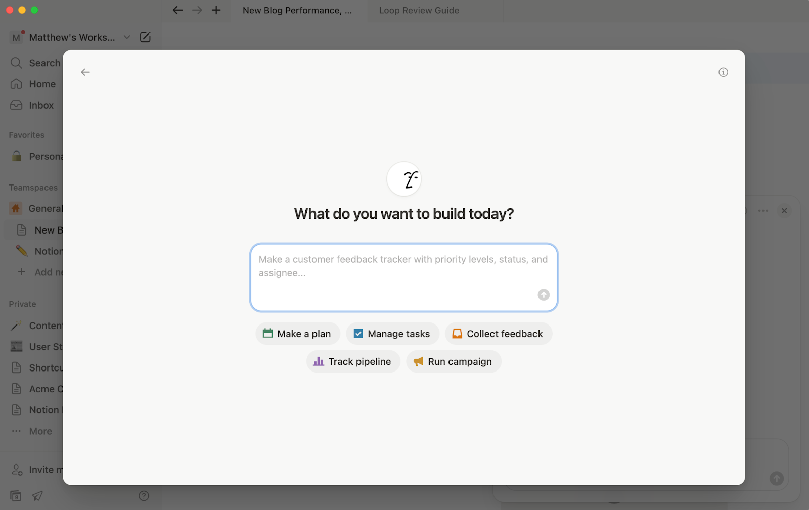 Notion's AI interface showing a prompt box and several example prompts such as "make a customer feedback tracker," "manage tasks," and "run campaign"