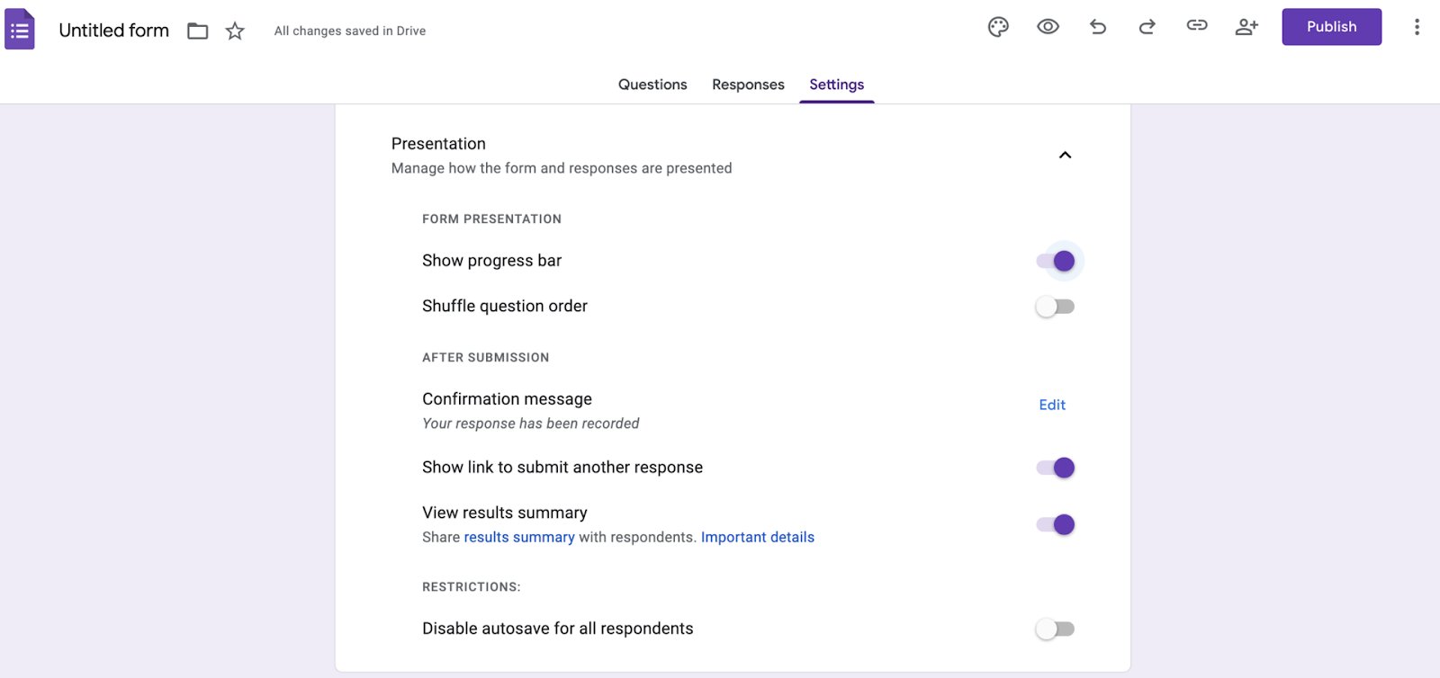 google forms example showing settings and enabled results summary tool