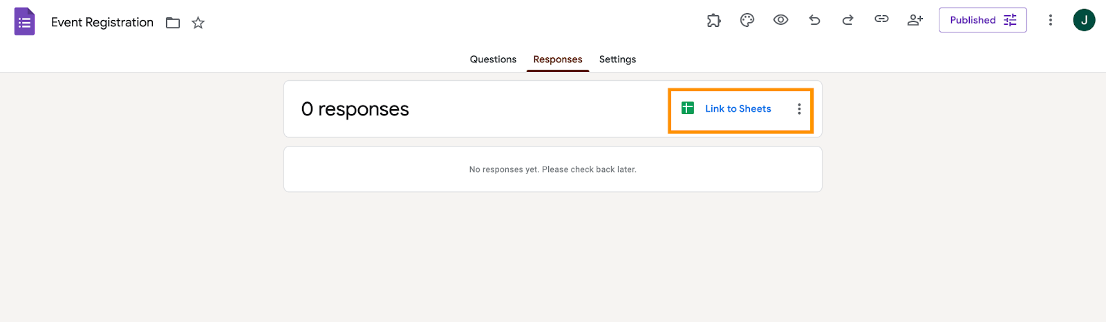 Google Forms Link to Sheets Button
