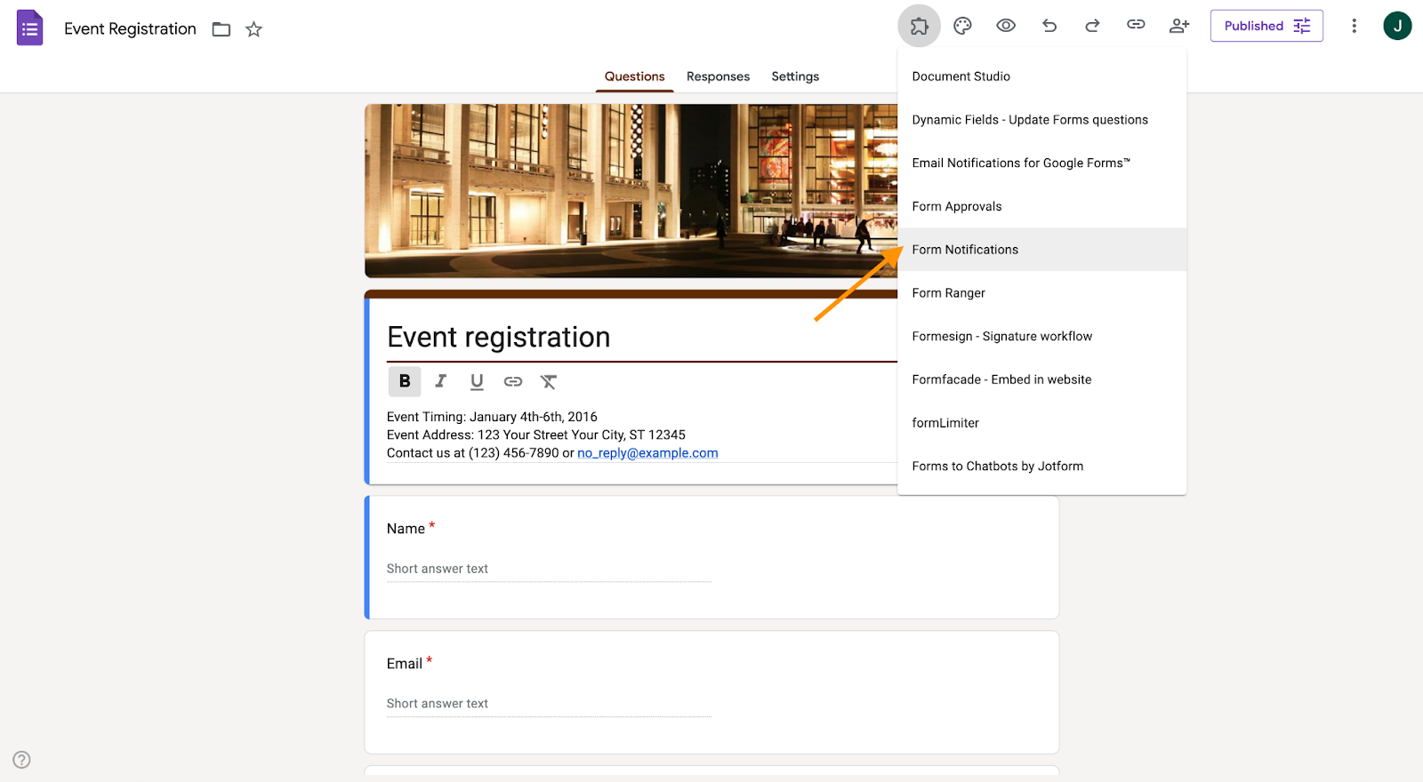 Google Forms Form Notifications Add-on Tab