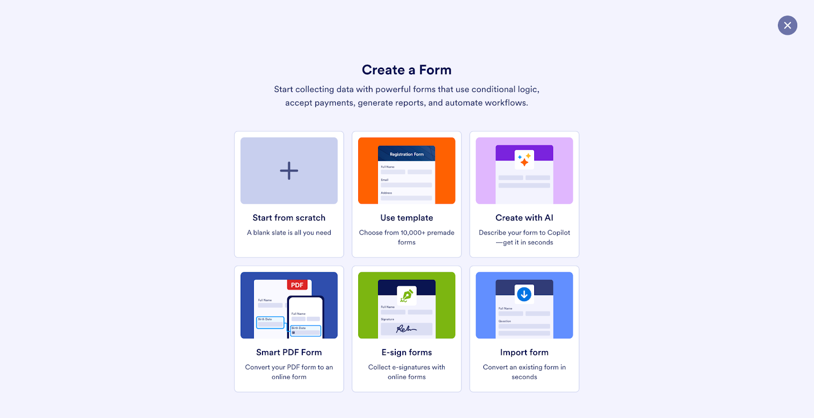 Jotform Create a Form Menu
