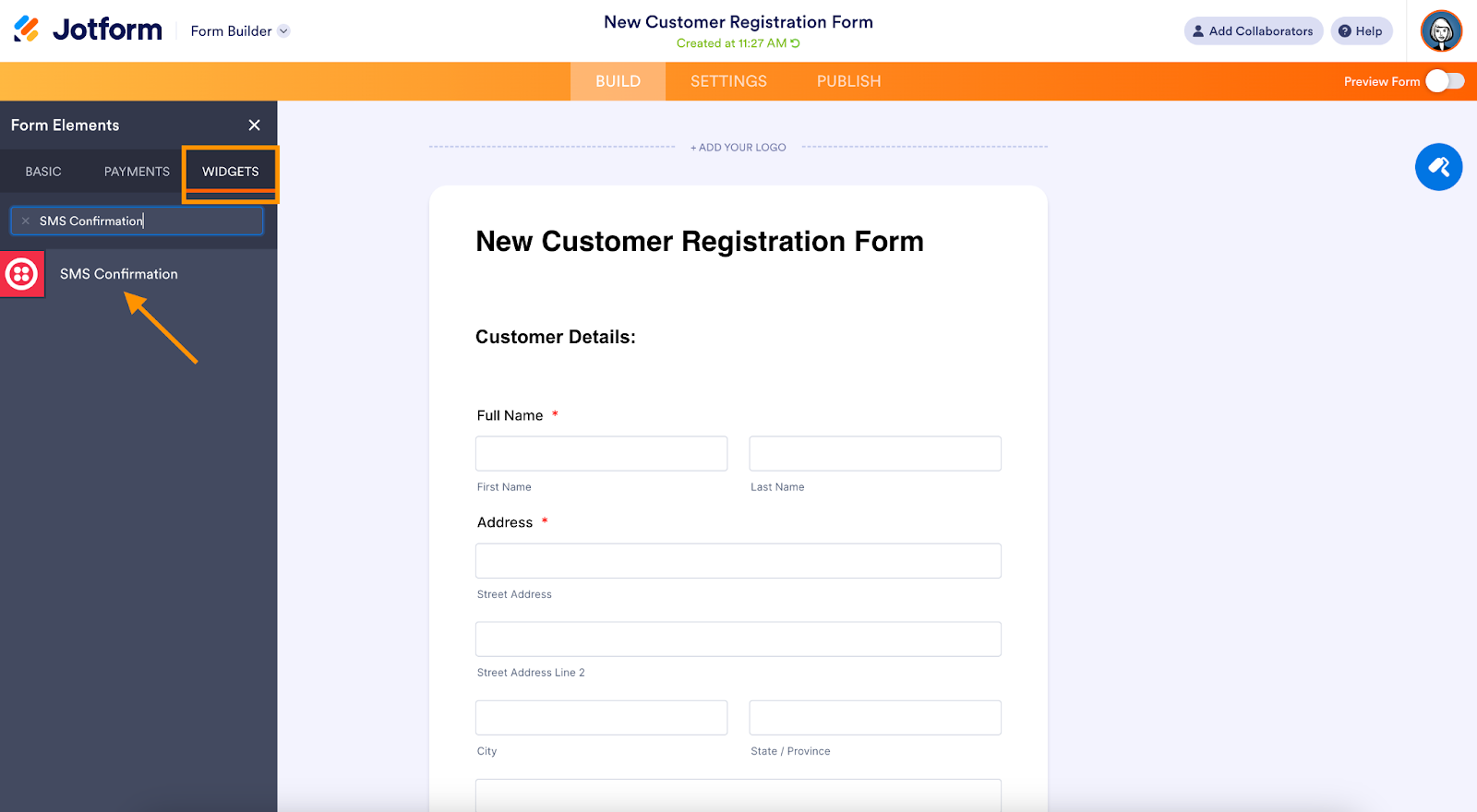 Form Builder SMS Confirmation Widget