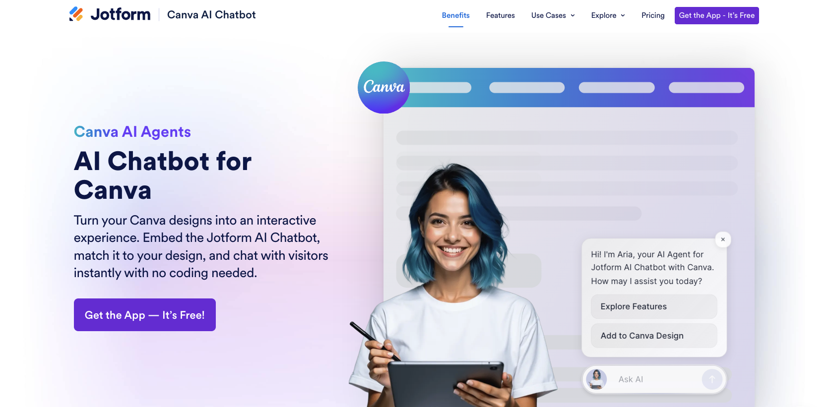 Jotform AI Chatbot for Canva Landing Page