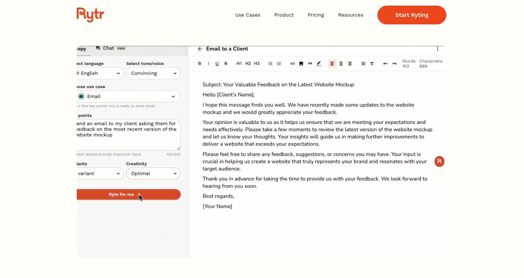 screenshot of Rytr showing the product interface