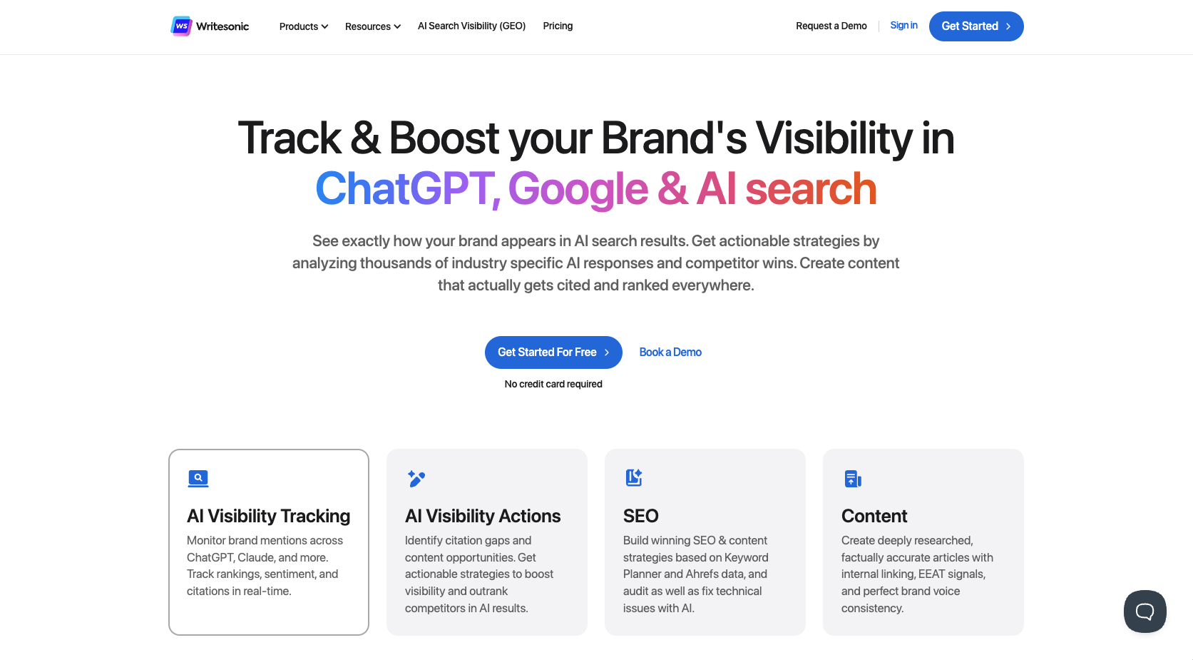 screenshot of writesonic website homepage with the words track and boost your brand's visibility in chatgpt google and AI search