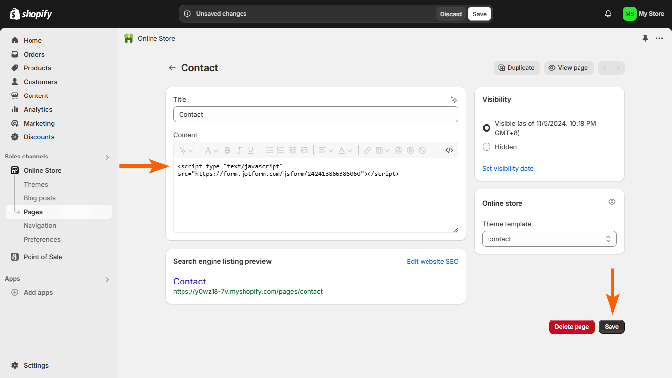 Shopify Settings Embed Code Paste Save Button